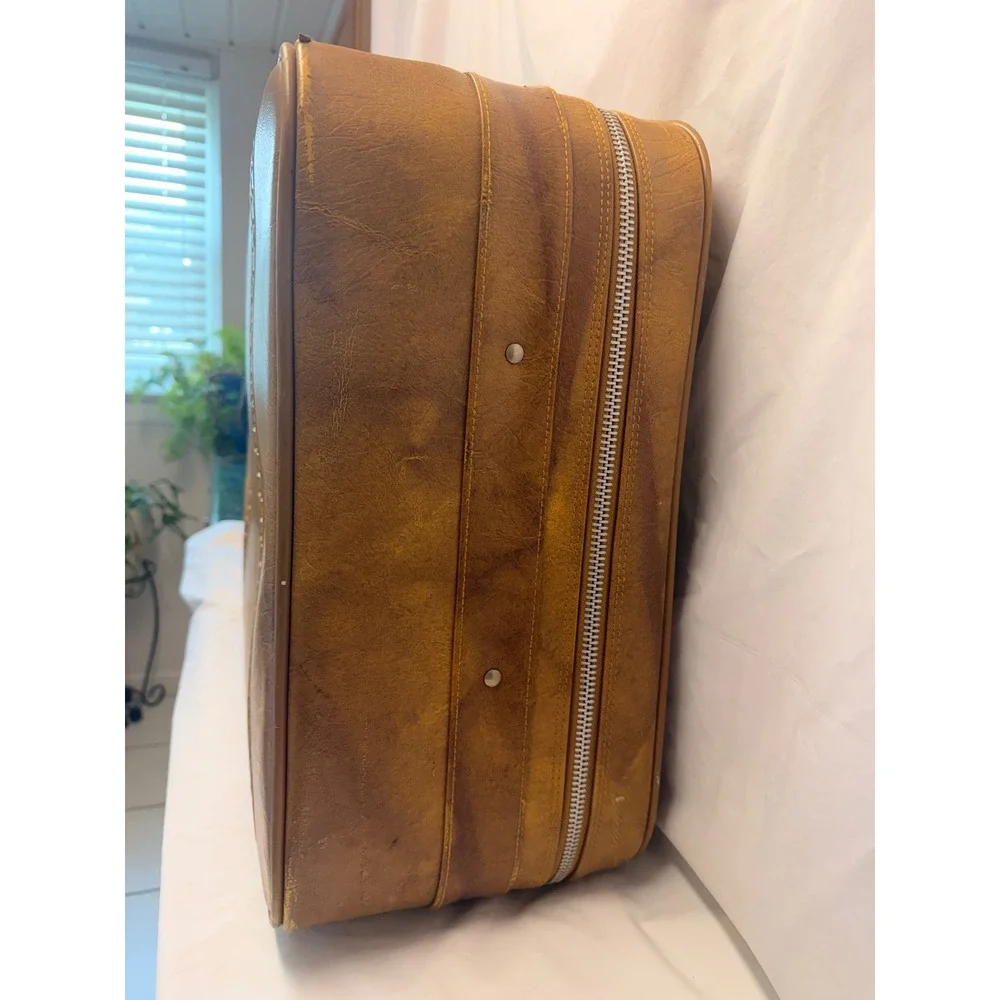 Vintage 1978 American Tourister Tan Faux Leather Suitcase Embossed Basketweave